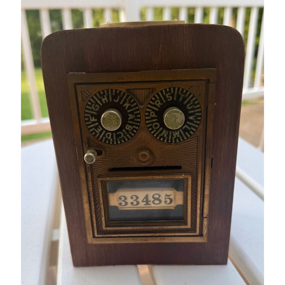 Vintage US Post Office Mailbox Door Wood Bank Brass Combination Lock Box 33485